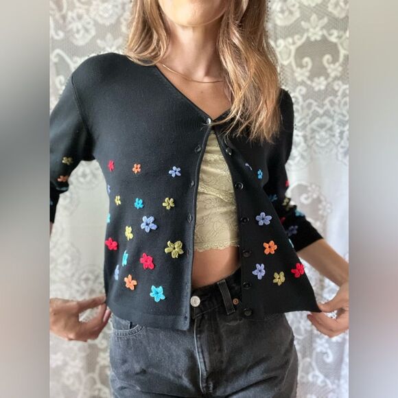 Vintage 80s CLIO Petites Black Silk Colorful Floral Embroidered Cardigan Sweater - Picture 8 of 14